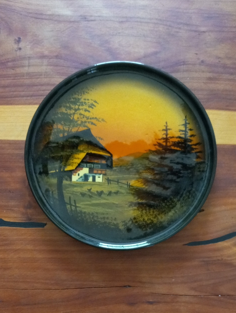 SMF Schramberg Majolica Hand-Painted Rustic Sunset Cottage Decorative Plate